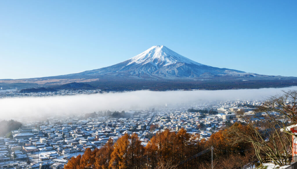 Mt. Fuji with red pagoda, Fujiyoshida, Japan