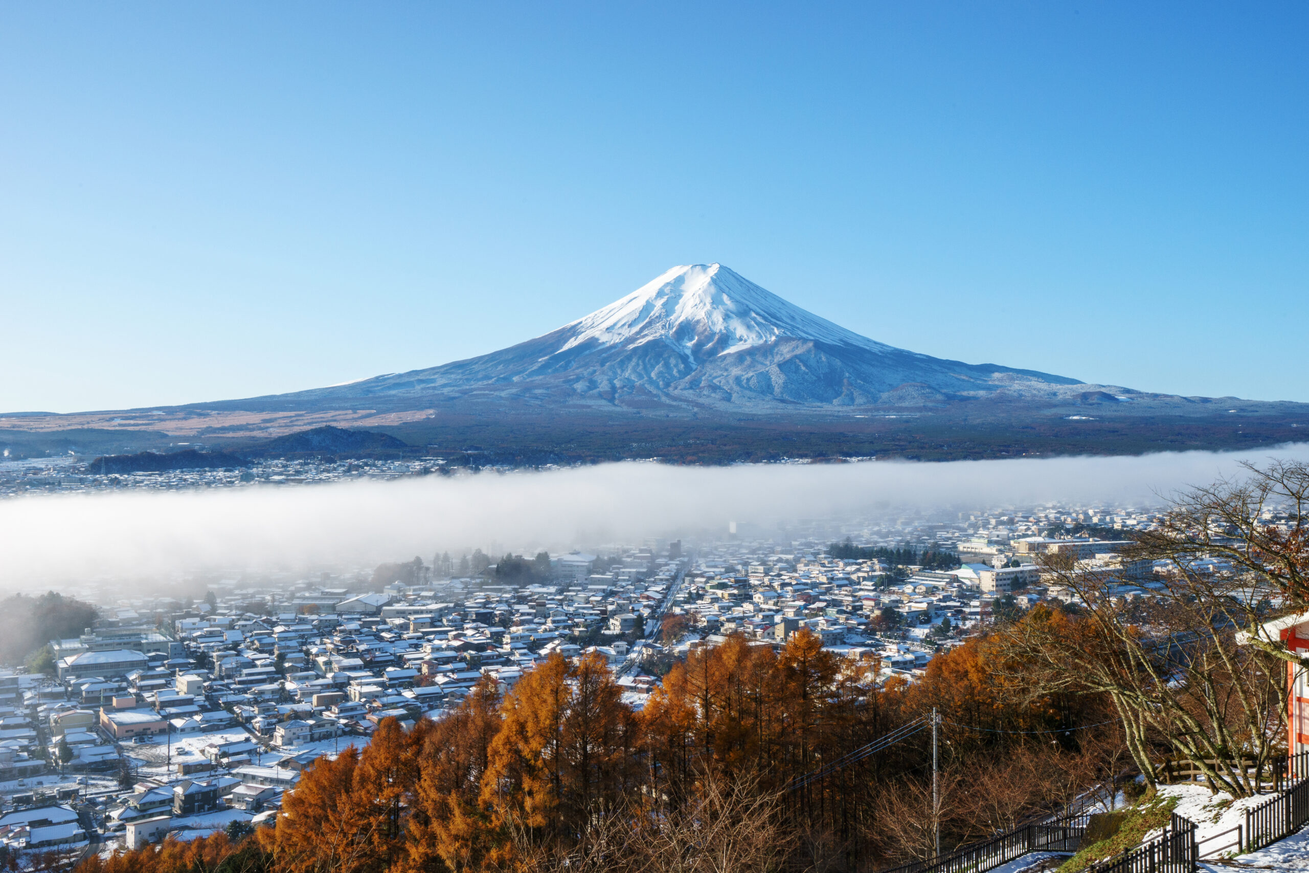 Mt. Fuji with red pagoda, Fujiyoshida, Japan